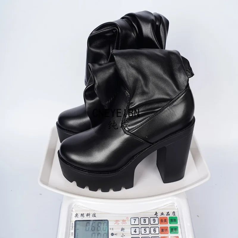 Women Platform Thigh High Over The Knee Boots Round Toe Chunky High Heel Side Zipper Leather Party Club Wear Stretch Long Boots