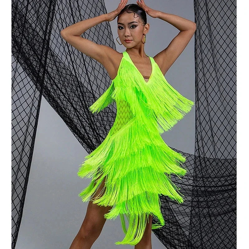 Women Backless Fringe Sexy Black Dress Cha Cha Rumba Samba Tango Dance Costume Prom Wear Latin Dance Copetition Dress
