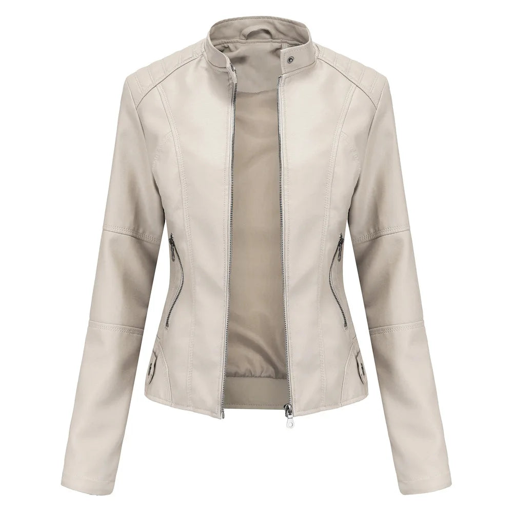 Women's Slim Fit Leather Jacket with Motorcycle Suit, Large Standing Collar, Autumn Black Zipper Outdoor Leather Top