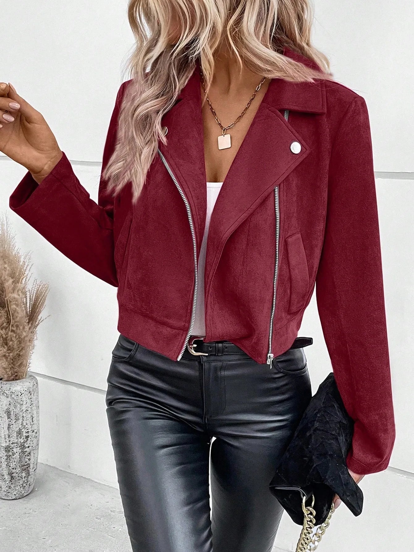 Women's Suede Faux Leather Jacket Autumn Zip-Up Moto Short Coat Lapel Collar Slim Fit Winter Outer Streetwear Casual Wear