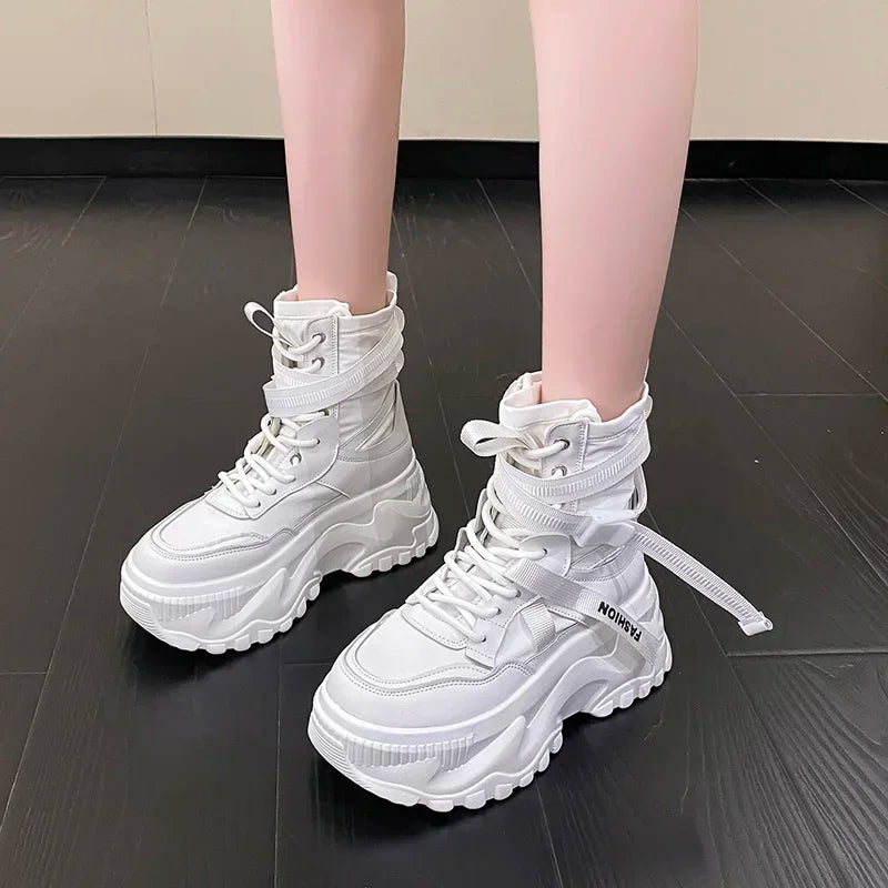 Fashion Platform Ankle Boots for Women Chunky Thick Sole Lace Up Motorcycle Boots Ladies Light Cozy Non-slip Shoe Botas De Mujer