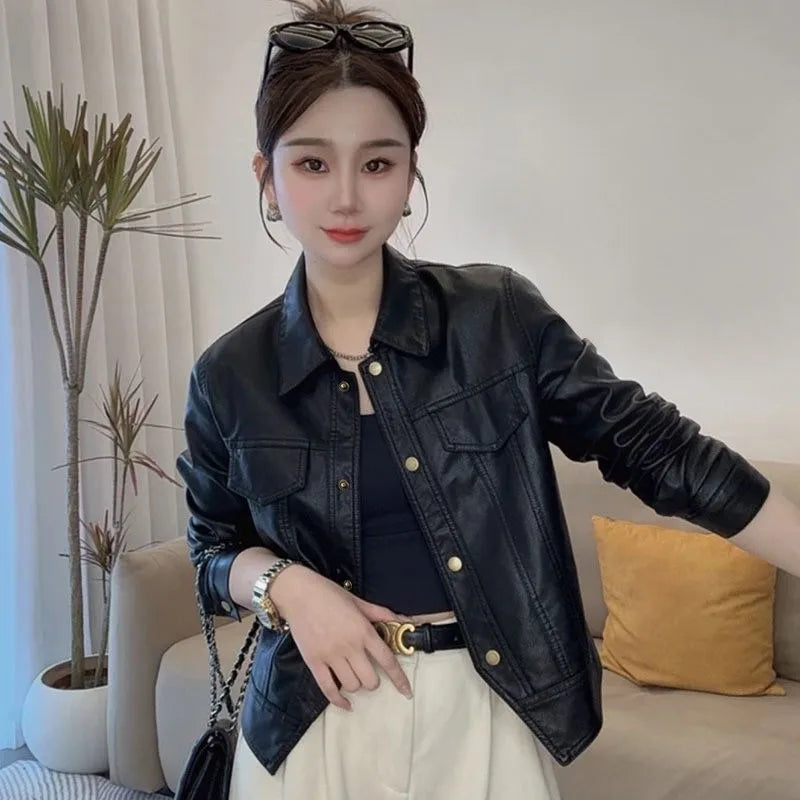 Women Autumn Winter Casual Faux Leather Biker Jacket Lapel Collar Loose Short Pu Coat Versatile Outerwear