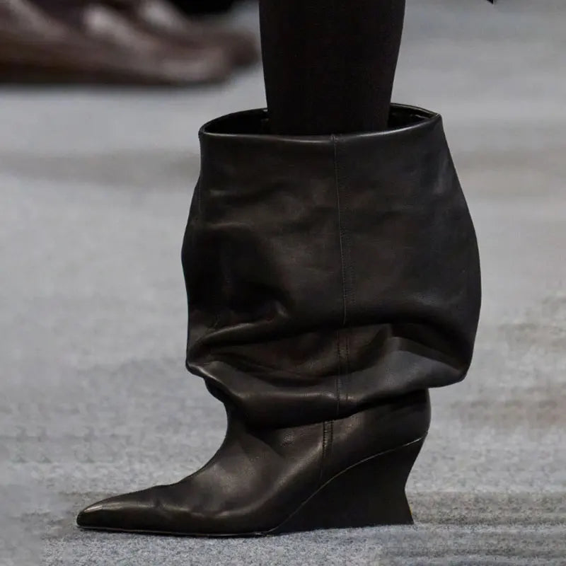 Women's Fashion Pointed Thick Soled Pleated Short Boots, Autumn and Winter Thick Heeled Long Boots, Sexy Runway Women's Boots