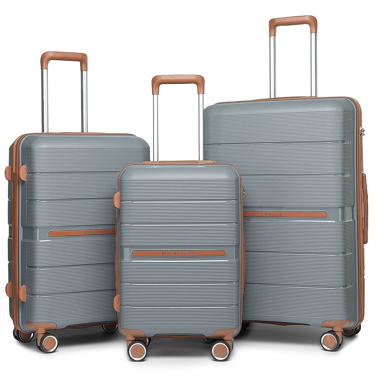 British Traveller 3 Piece Case Set 100% PP 8 Spinner Wheels TSA Lock Hard-Shell hand luggage Dark Blue