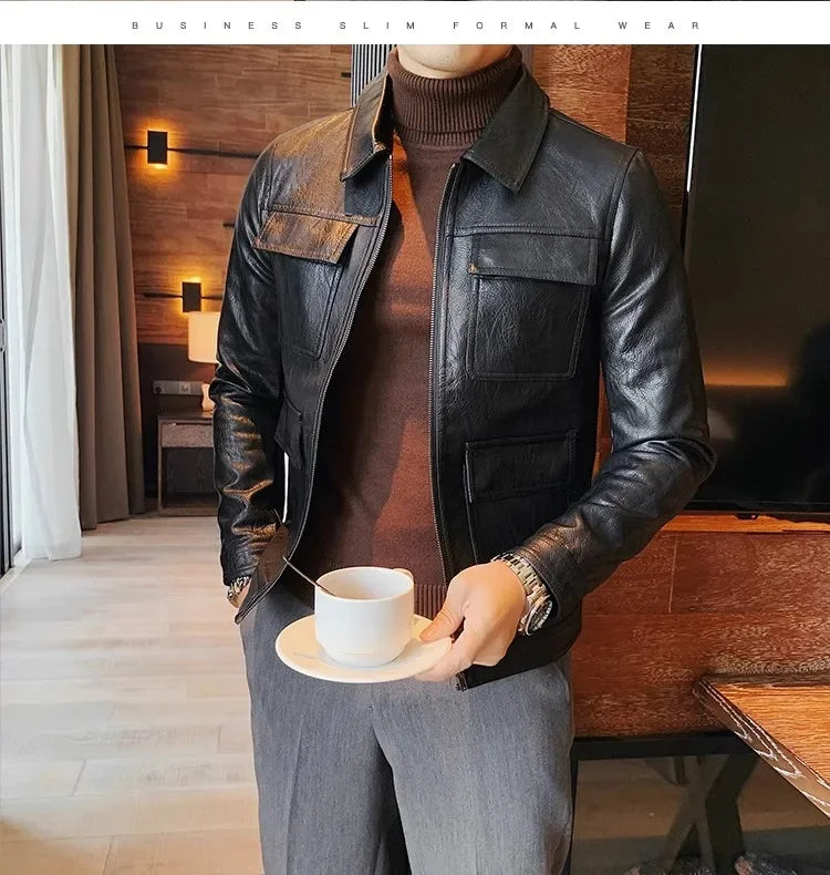 Autumn Winter High Quality Faux Leather Jacket Fashion Multi Pocket Design PU Leather Coats Man Vintage Business Slim Fit Coats