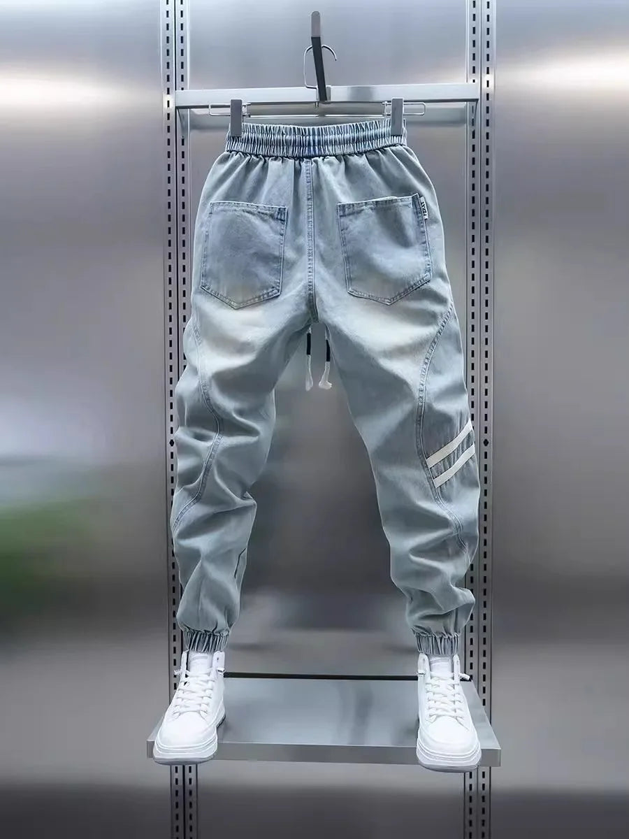 Men's Slim Fit Jeans mid Waist Elastic Waistband Casual Pants Patchwork Design Breathable Comfortable Summer Jeans