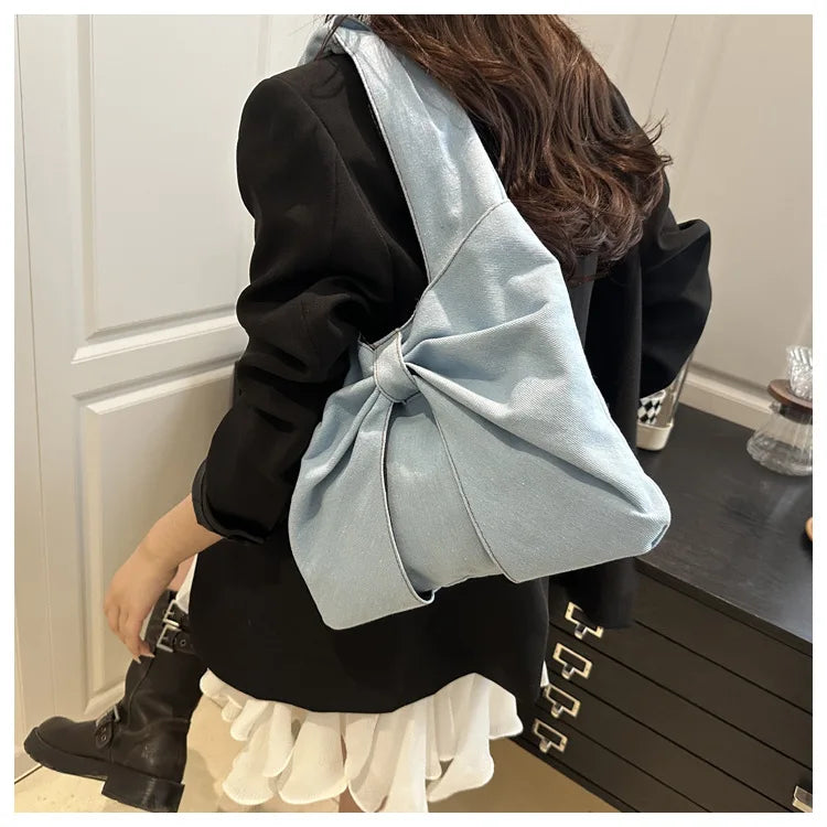 Sweet Bowknot Design Women's Denim Shoulder Bags Commuter Thread Ladies Handbags Casual Lightweight Female Underarm Tote Bag