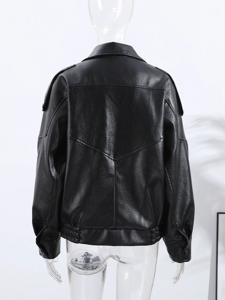 Fashion Leather Women's Jacket Y2k Street Single-breasted High Neck Female Coats 2026 Autumn Black Pu Long Sleeve Lady Jackets