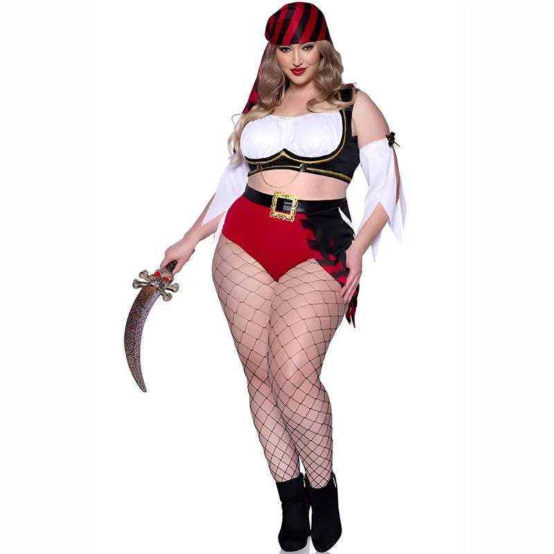 Plus Size Women Pirate Costume Full Set Crop Top Shorts Belt Headscarf Halloween Carnival Fancy Dress Female Buccaneer Cosplay
