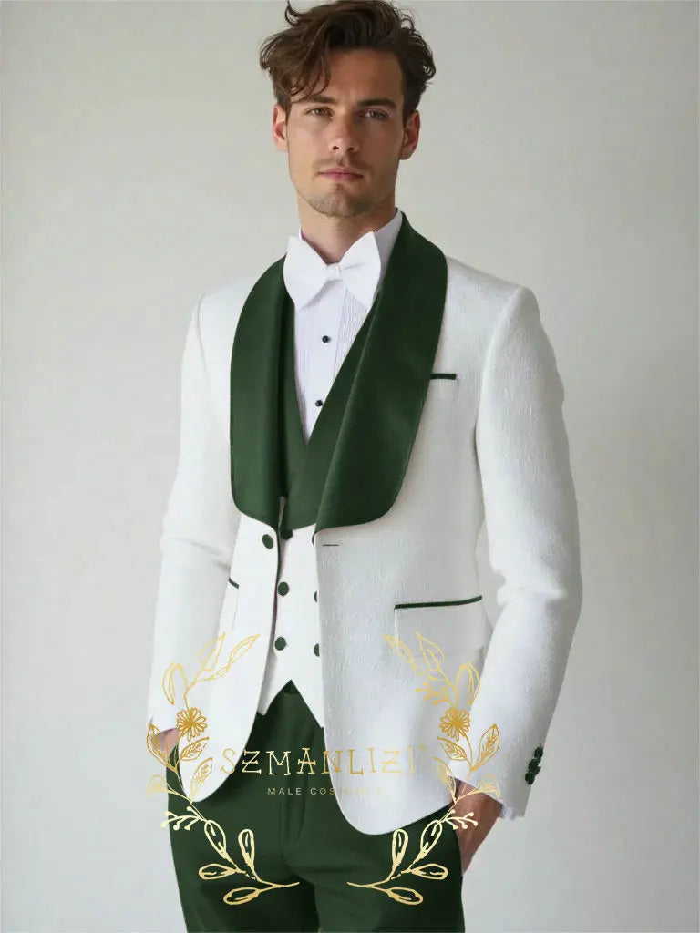 White Floral Wedding Men's 3-piece Suit Set (Jacket Pants Vest) Groom Tuxedo Formal Blazer Elegant Groomsmen Suit for Men