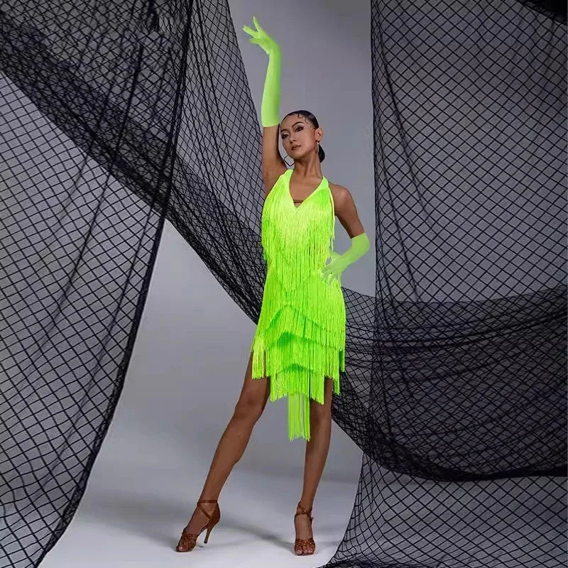 Women Backless Fringe Sexy Black Dress Cha Cha Rumba Samba Tango Dance Costume Prom Wear Latin Dance Copetition Dress