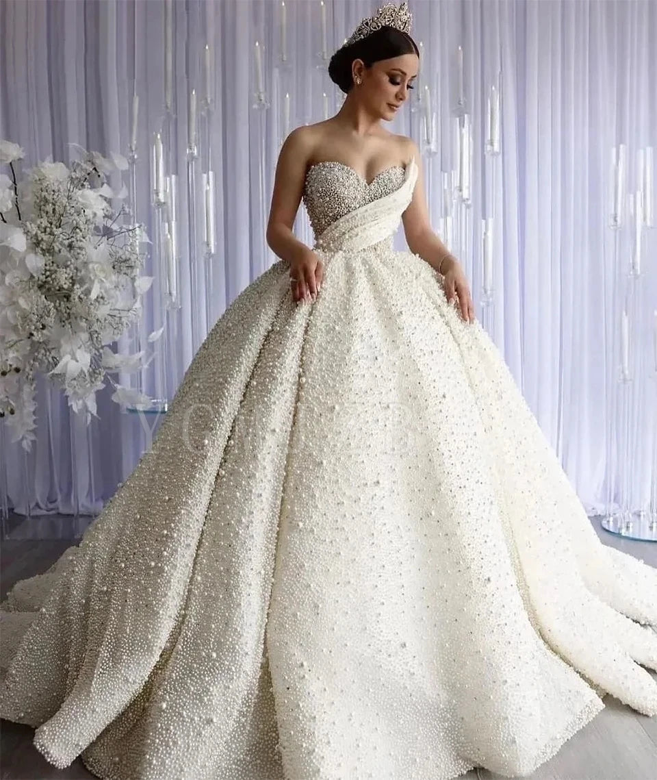 Dubai Wedding Dresses Ball Gown Luxury Pearls Beading Sweetheart Princess Bride Gowns Plus Size Vestido De Noiva Customzied