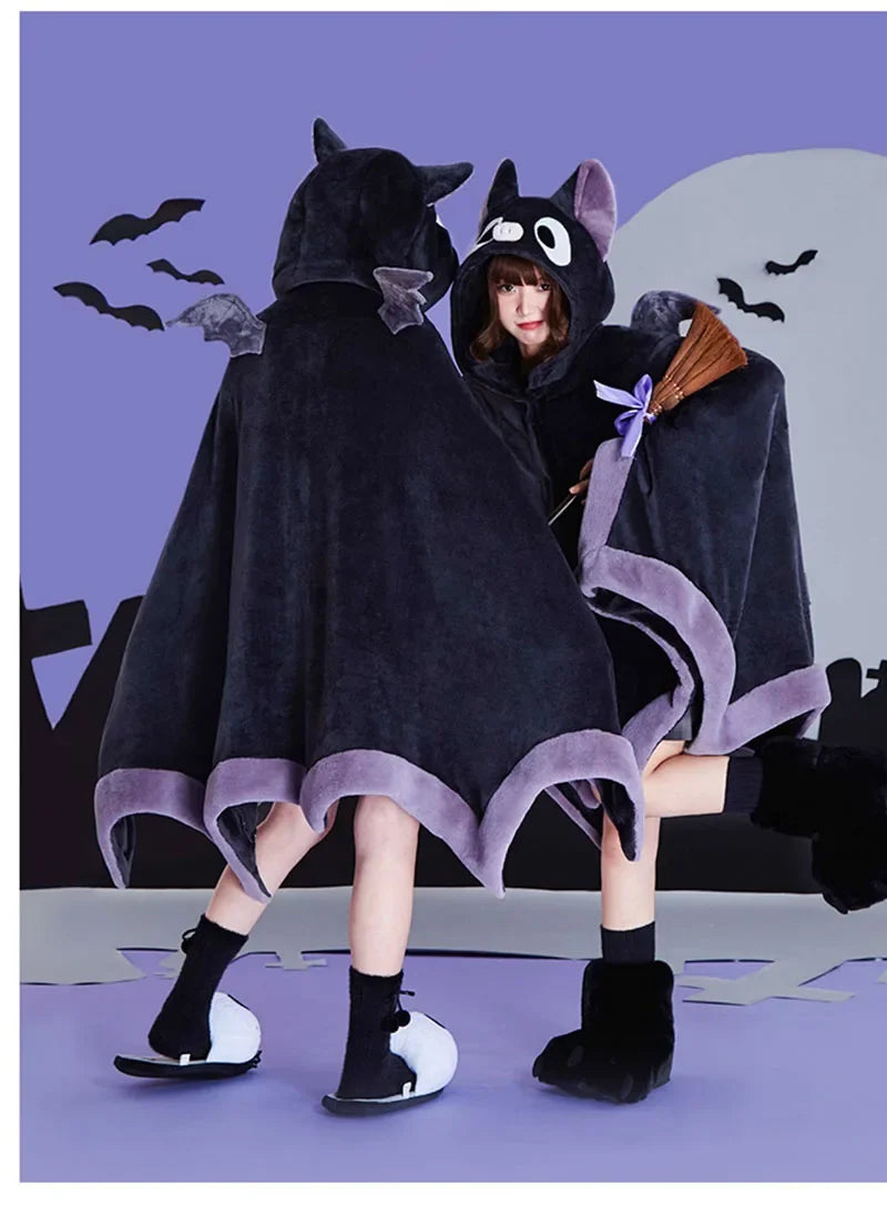 Kawaii Cartoon Bat Y2k Cute Blanket Plush Pajamas Anime Cosplay Cape Costume Halloween Theme Party Women's Hooded Cape 2025 New