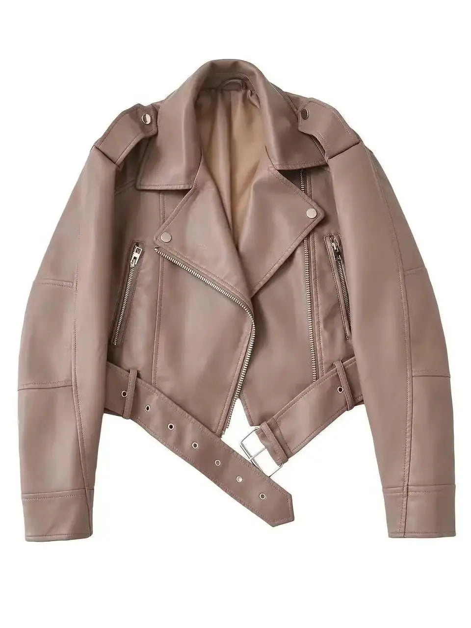 Women Autumn Winter Loose Gray PU Faux Leather Short Jackets Belt Female High Street Zipper Retro Moto Biker Coats Outwear XS-XL