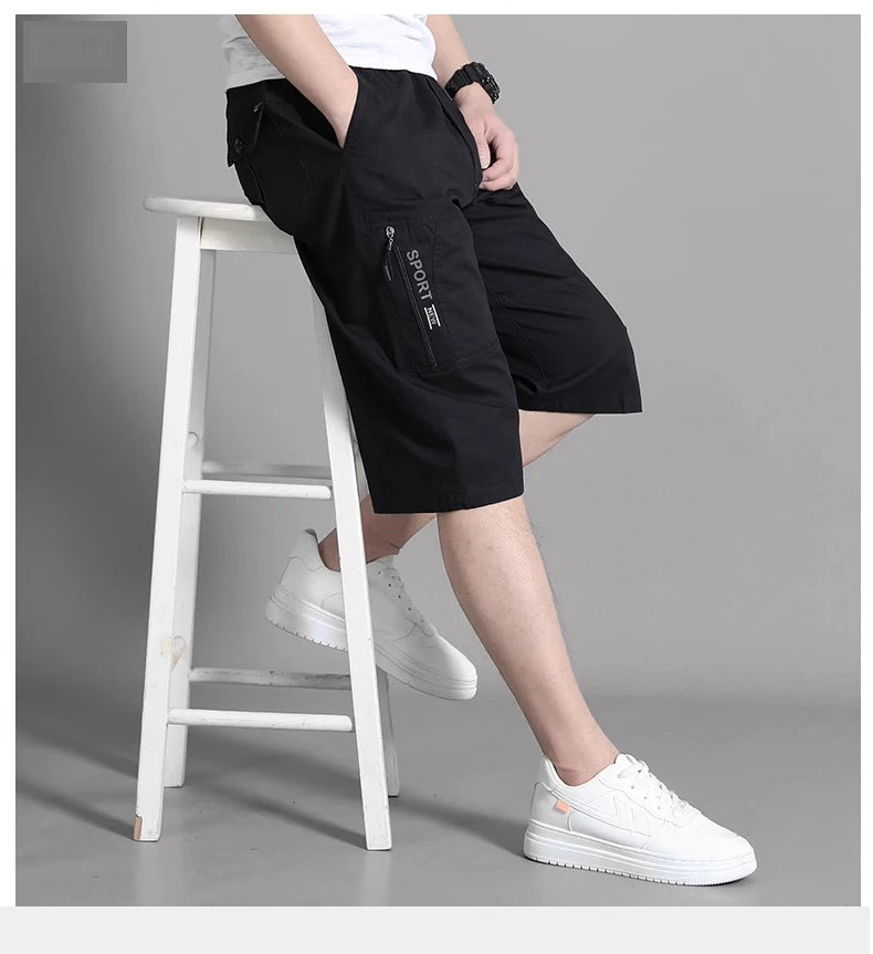 Zipper Pocket Workwear Shorts Mens Knee Cargo Pants 2026 Summer Cotton Shorts Men Climbing Jogger Elastic Waist Sports Work Wear