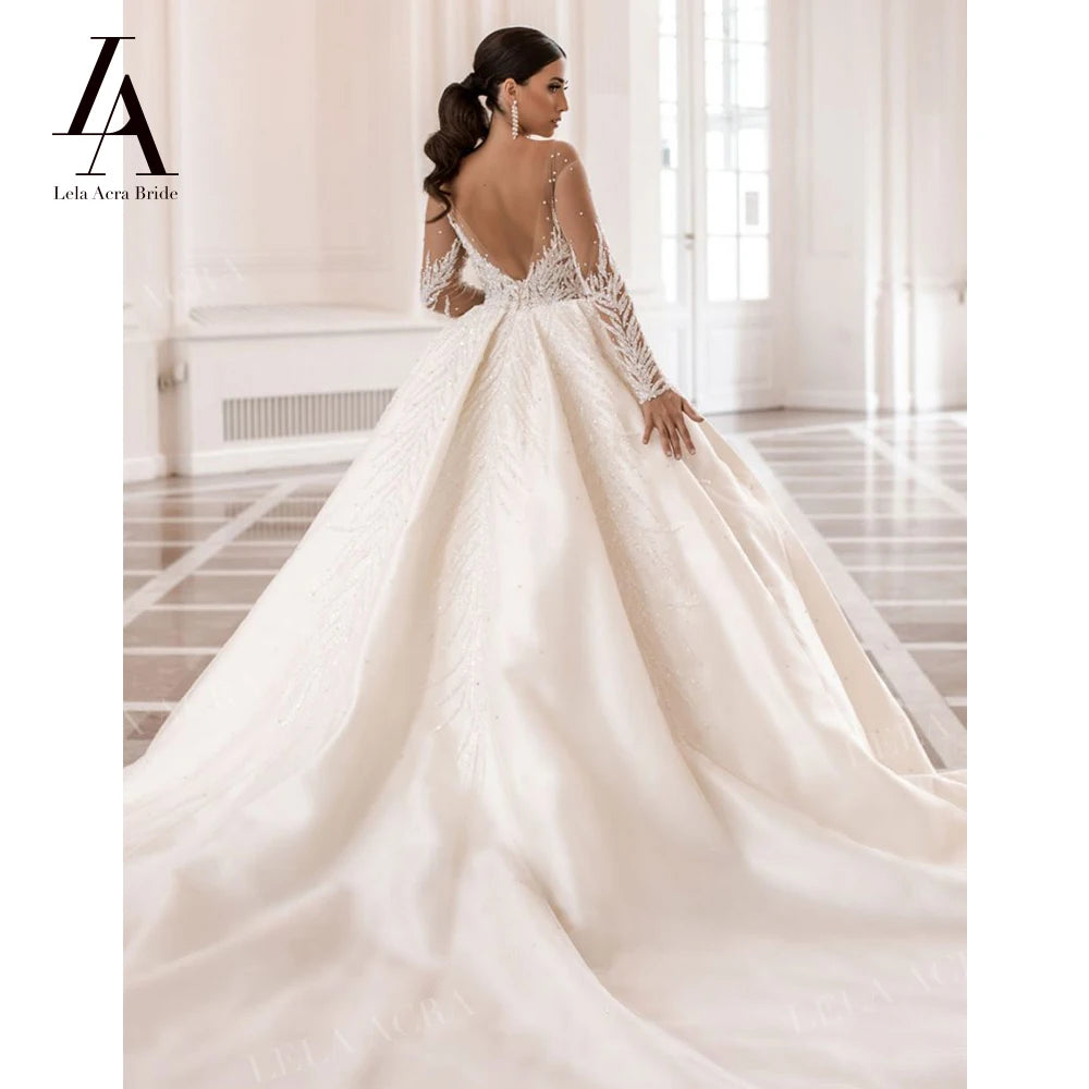 LelaAcra Long Sleeve Wedding Dress 2026 Sweetheart Beaded Backless A-Line Princess Bride Gown SM72 Plus Size Vestido De Noiva