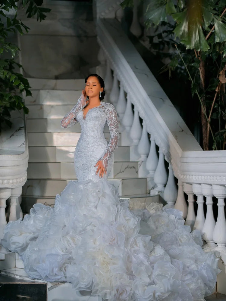 Luxury White Phantom Long Sleeve Mermaid Wedding Dress Lace Water Diamond 3D Rose Ruffle Ball Dress African Bridal Dress Custom