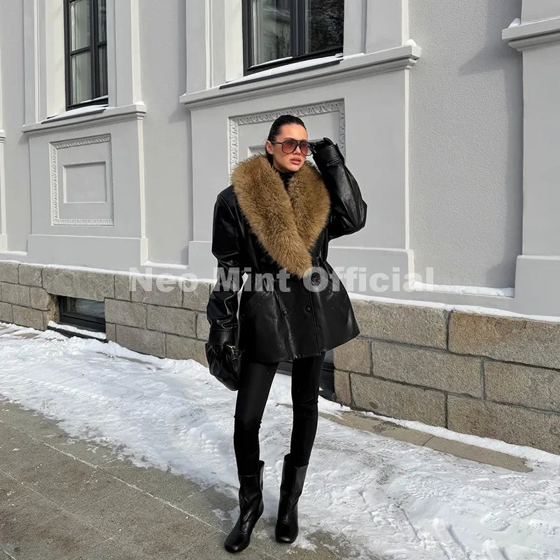 Neo Mint Luxury Brand Fashion Design Black Long Faux Leather Coat Women Detachable Fur Collar Oversized PU Leather Jacket Blazer