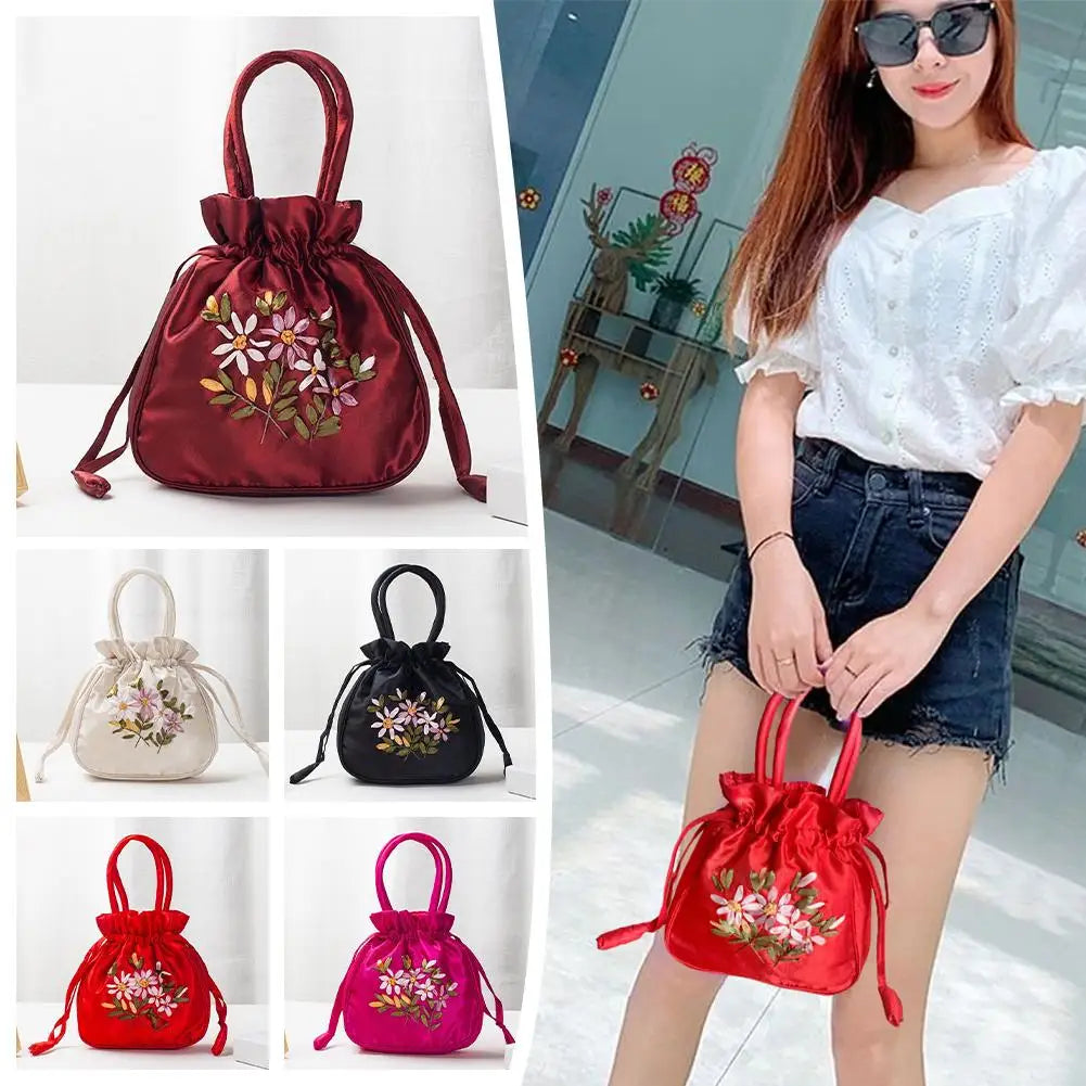 Women Bucket Bag Top Handle Ladies Handbag Phone Bag Summer Small Purse National Style Embroidered Flower Pattern Drawstring Bag