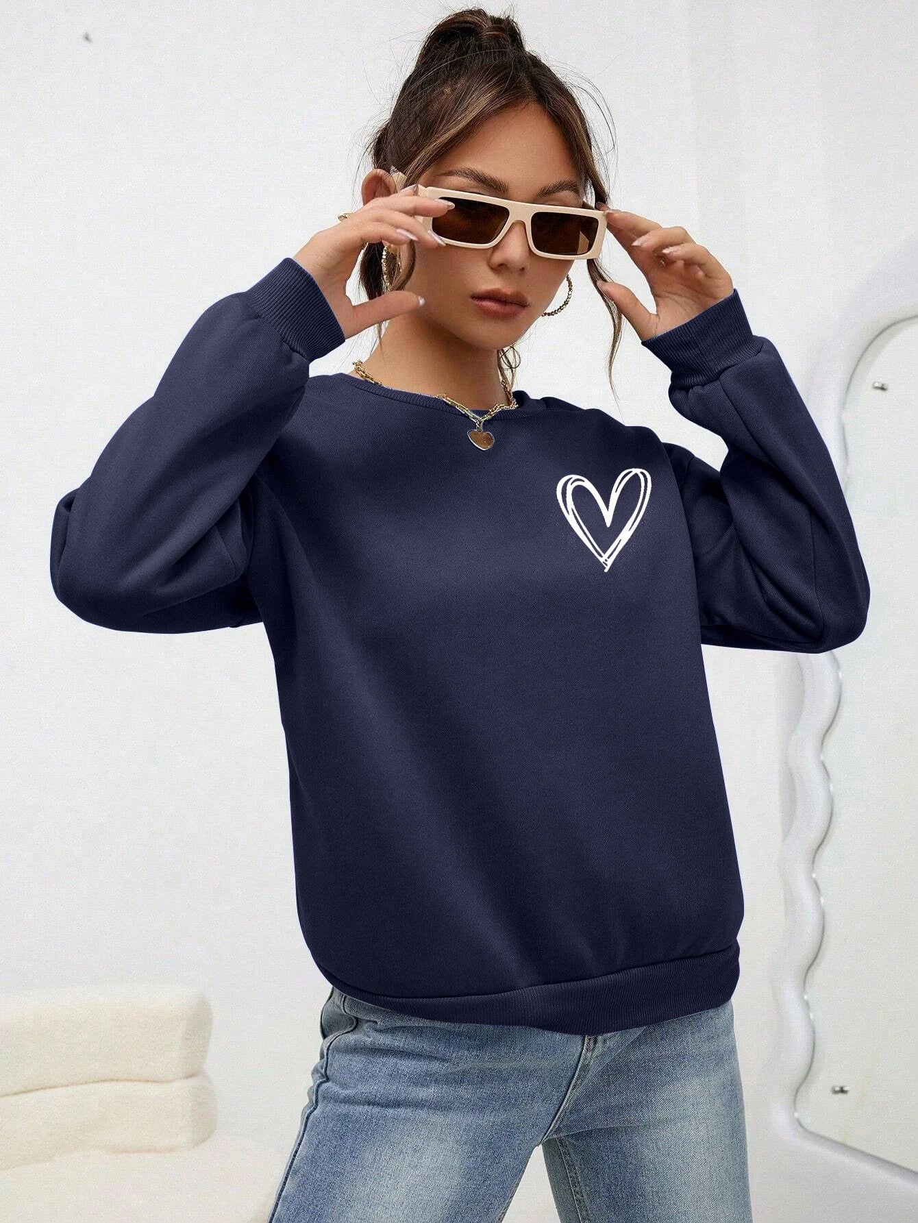 Simple Heart Pattern Printing Sweatshirts For Womens Casual Comfortable Crewneck Hoodies Loose Fleece Warm Sportswear Clothes
