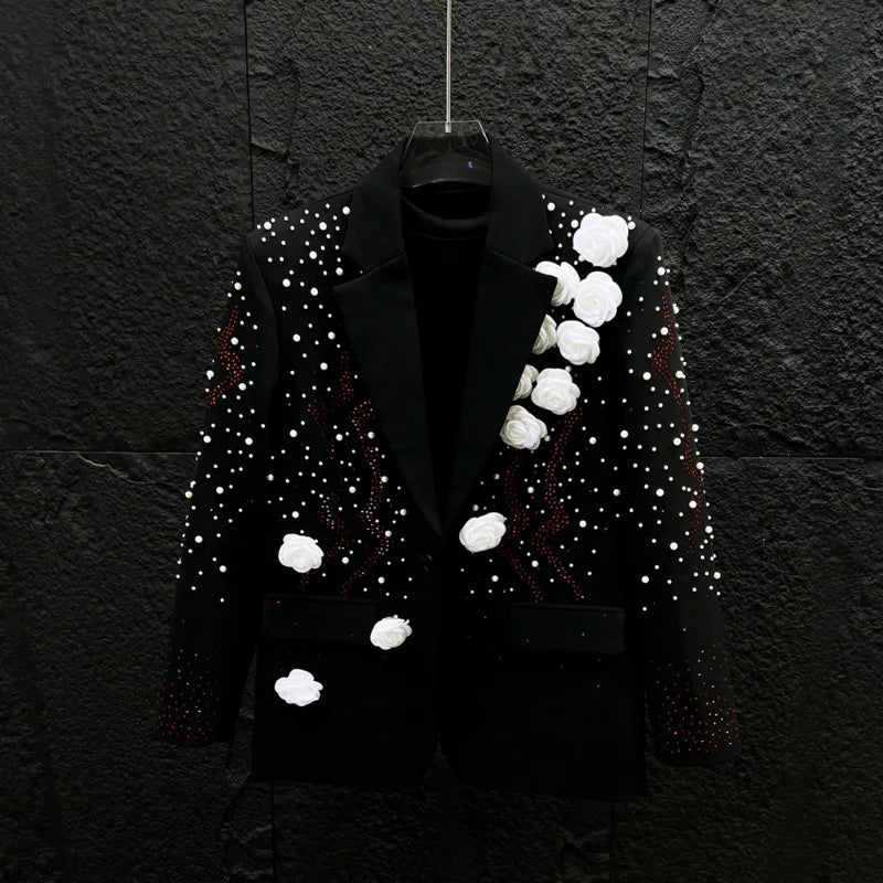 WVGA Spring Autumn New Man Tide Heavy Pearl-studded Trendy Three-dimensional Flower Blazers Niche Chic Casual Jackets Ins W22622