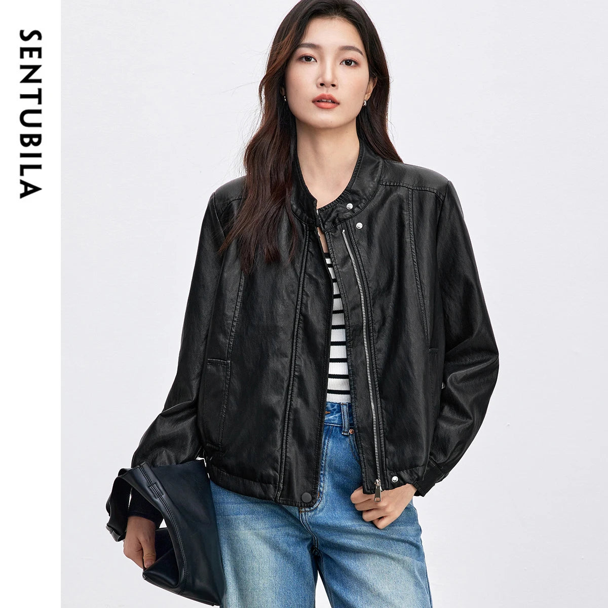 SENTUBILA Women Stand Collar Short PU Leather Jacket 2026 Autumn Winter Ladies Zipper Windproof Cropped Pu Jacket  W51G80160