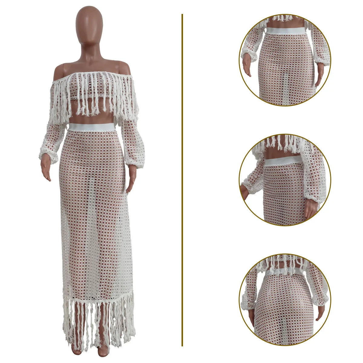 Skirt 2 Piece Set Women Beach Long Skirts Suit Top Off Shoulder Tassels Sexy Hollow Out Ensemble 2025 Summer Female Outfits