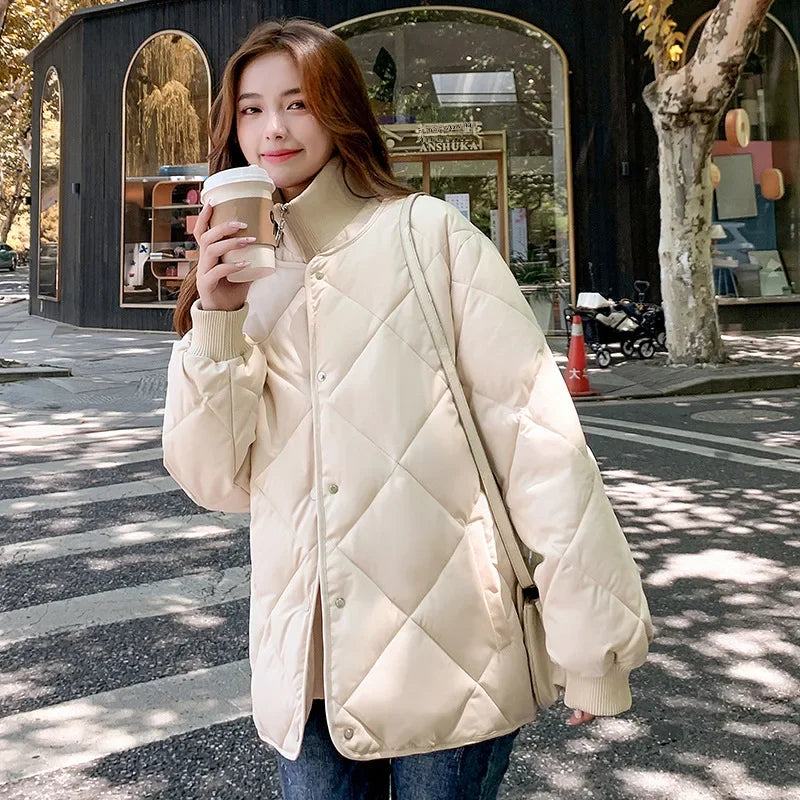 2024 Korean Style Argyle Spliced Down Coat Petite Cropped Warm Stand Collar Cotton Padded Jacket For Women Long Sleeves