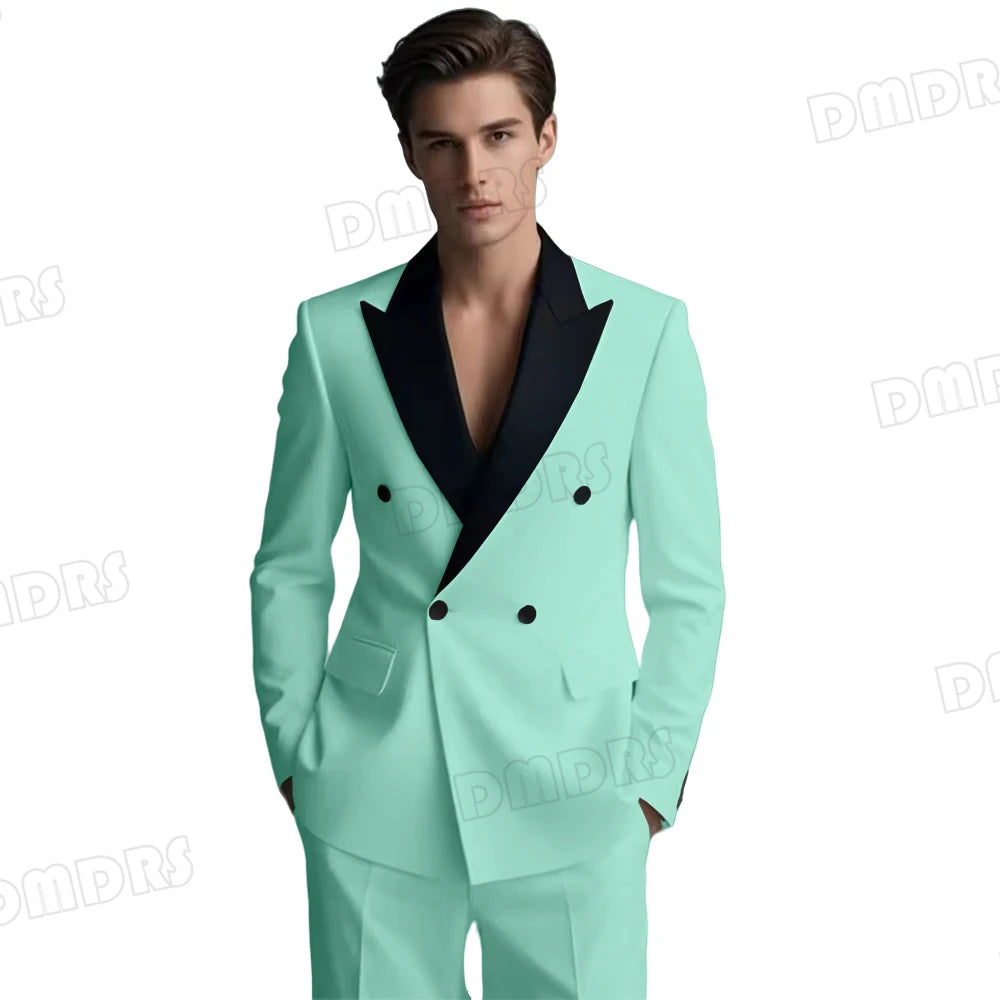 Slim Fitting White Suit Set for Men, Black Collar, 2 Pieces Formal Suits, Wedding Tuxedo, Customized Colors Blazer and Pant Set