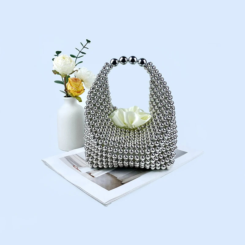 European and American high-end texture handmade silver beaded pillow bag, banquet bag, fashionable and versatile
