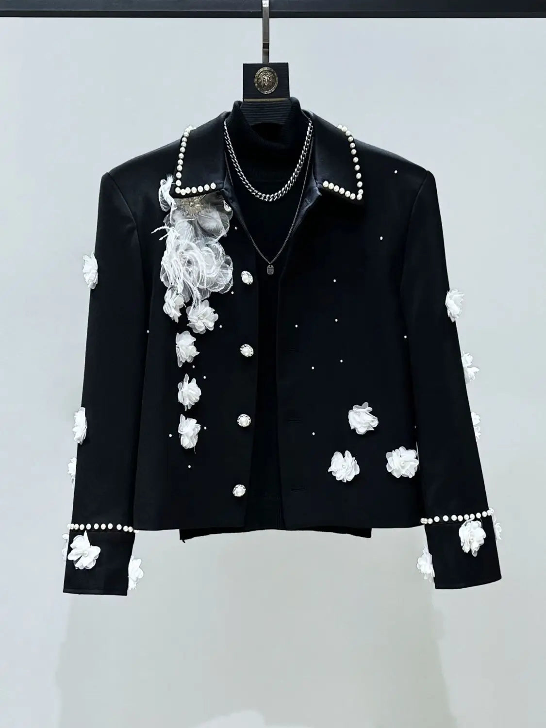 Premium Exquisite 3D Pearl Short Jacket UNISEX Autumn Korean Style Edgy Floral Top with Unique Heavy-Duty Craftsmanship