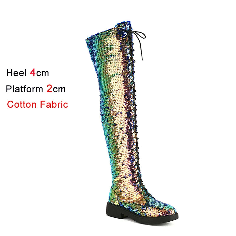 Lowheel Boots For Women Autumn Winter Thick Heels Over-knee-high Boots Shiny Sequined Club Dance Shoes Lace Up Thigh High Boots