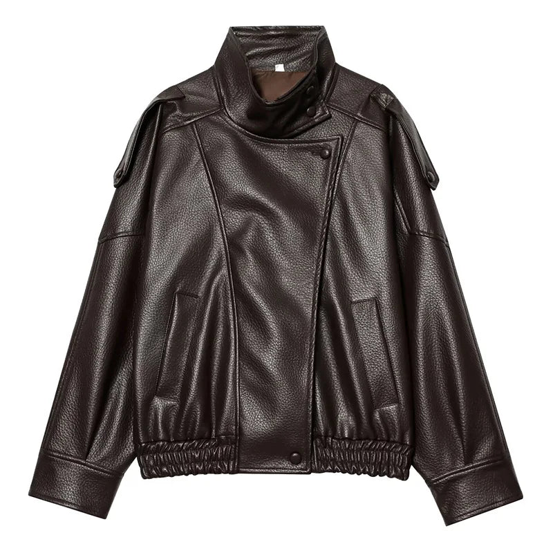 HXAO Women's Faux Leather Jacket Short Coat Black Bomber Jackets For Woman Loose Winter Outerwear High Neck Aviator Jackets
