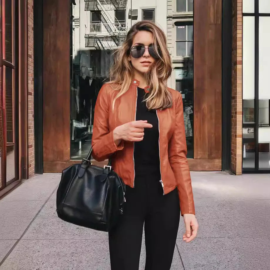 Autumn and Winter New Fashion Black Leather PU Suit Jacket Women Tops Zipper Stand Collar Slim Fit Casual Short Jacket for Women