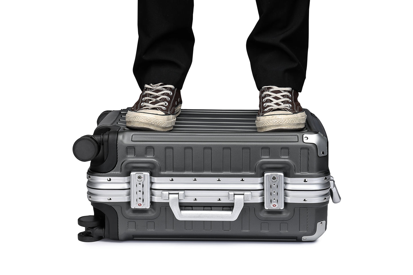 Hard Case Suitcase Trolley Aluminum Frame suitcase PC hand luggage with 4 Rolls TSA Check-in Luggage Trackcase Black