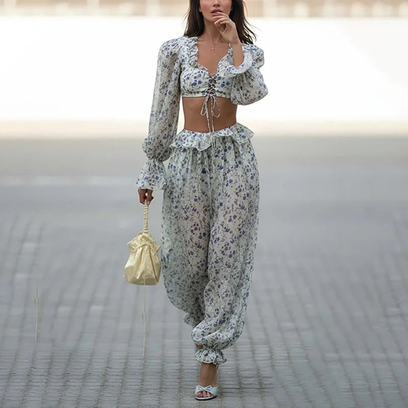 Summer Floral Trousers Set Comfortable Street Style Long-sleeved Waist-revealing Lace-up Top Wide-leg Trousers Two-piece Set
