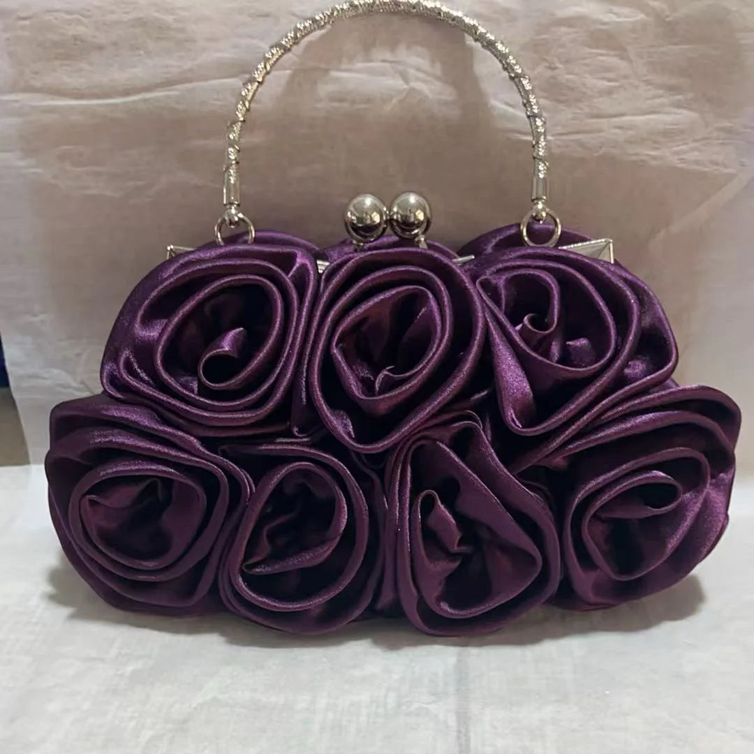 Satin Flower Clutch Bags For Women Banquet Party Evening Bags Metal Handbags Retro Blue Silver Black Chain Shoulder Bag female