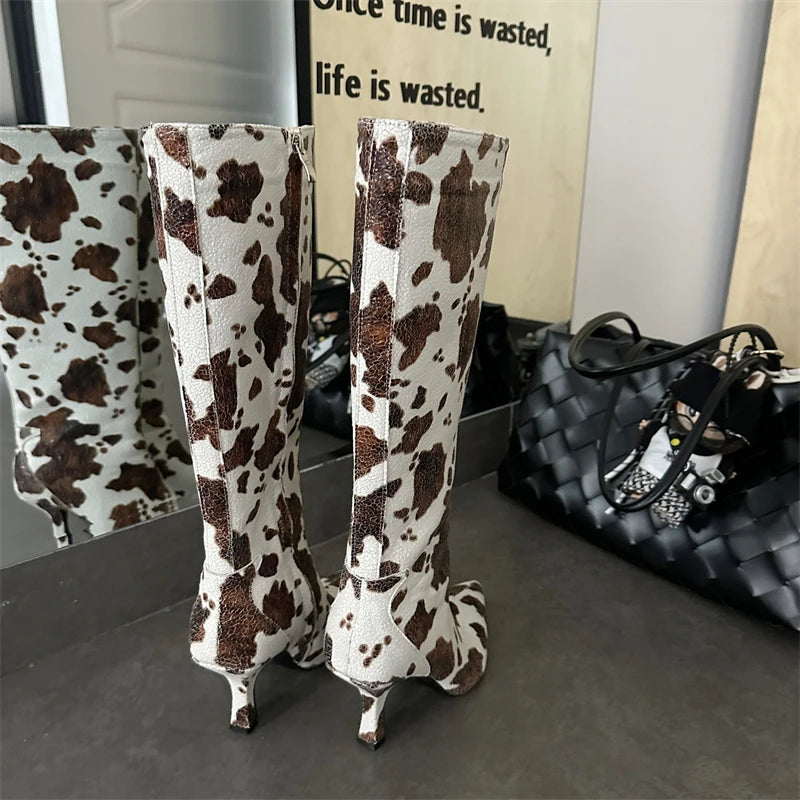 ZAROY Stiletto Heel Knee High Boots Brand Designer Brown Cow Print Pointed Toe Zipper Runway Banquet Dress High Botas сапоги
