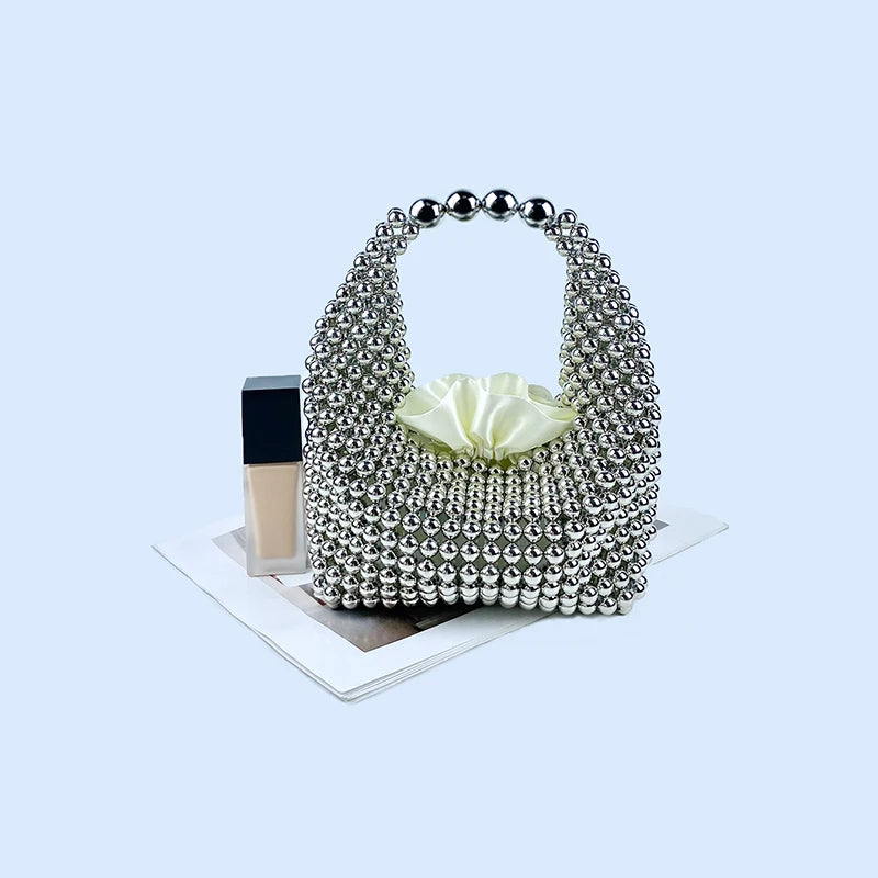 European and American high-end texture handmade silver beaded pillow bag, banquet bag, fashionable and versatile