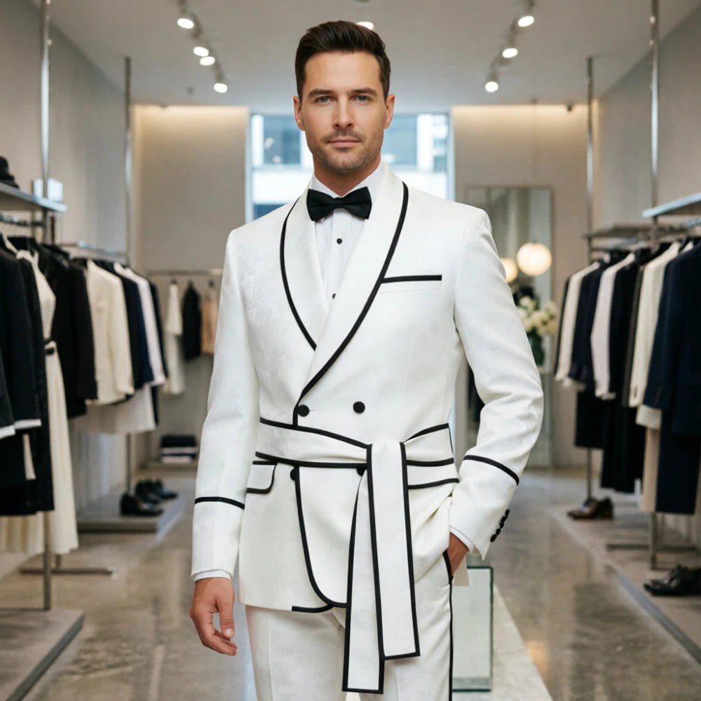 White Wedding Tuxedo Double Breasted for Men Black Piping Groom Suit with Belt Slim Fit Formal Prom Party Blazer with Pants