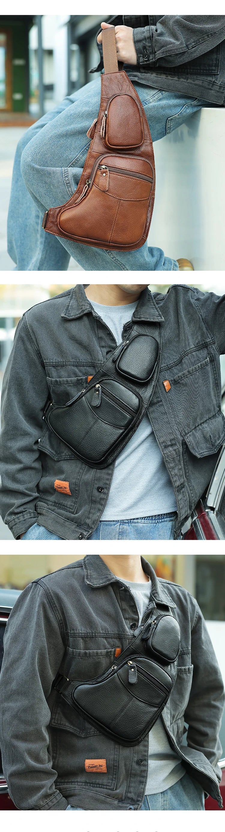 Men Genuine Leather Sling Cross Body High Quality Chest Bag Multi-Pockets Casual Male Cowhide Shoulder Bag Backpack Rucksack