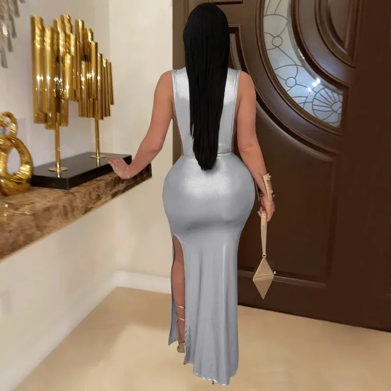 GUWU Women Gilding Sleeveless Cut Out Bodycon Midi Maxi Long Dress 2025 Summer Beach Vacation Sexy Party Birthday Dresses