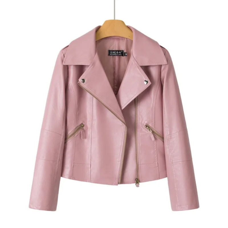 2026 Fashion Pink Black Leather Jacket Women's Short Coat Spring Autumn Zip-up Loose PU Leather Outerwear Student Casual Jackets