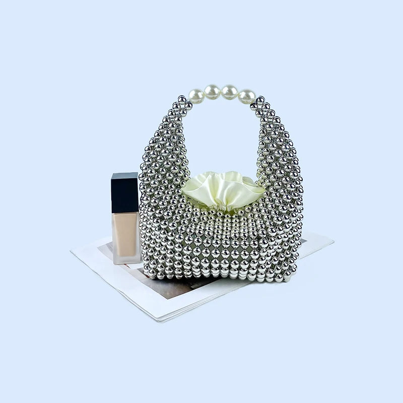 European and American high-end texture handmade silver beaded pillow bag, banquet bag, fashionable and versatile