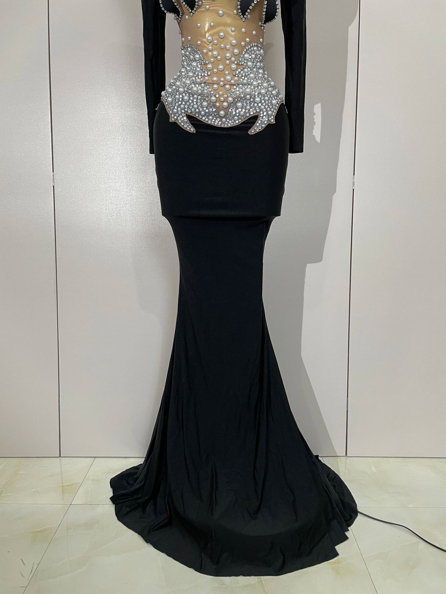 Luxury Sparkly Diamonds Pearl White See Through Mesh Long Dress Women Wedding Evening Party Stage Performance Photoshoot Dress