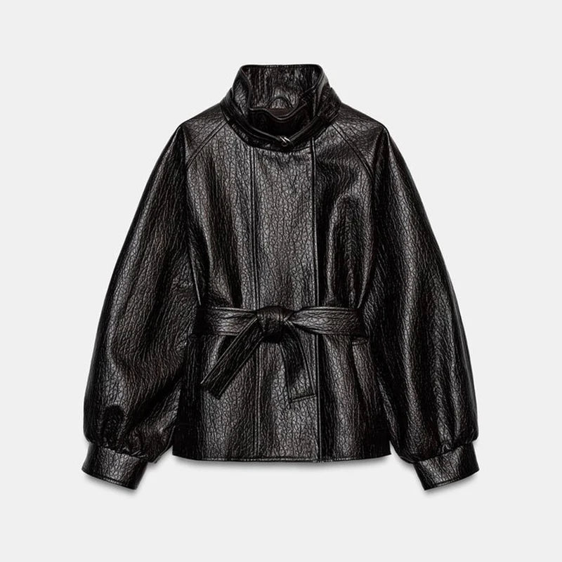 Casual Leather Jackets Women High Neck Long Sleeves Single Breasted Belts Loose Pu Coats Female 2026 Autumn New Chic Outwears