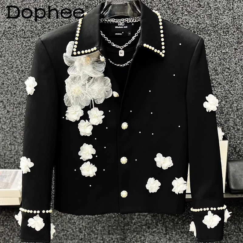 High-End Pearl Stylish Unique Jackets Men 2025 Autumn New Short Style Coats Handsome Personality Contrast Color Flower Chic Tops