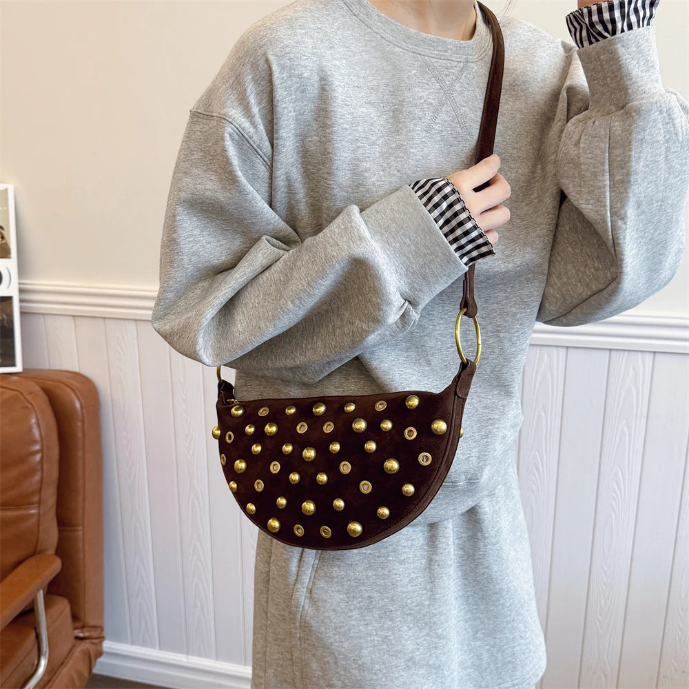 MOODS Branded Half-moon Shoulder Bags For Women Faux Suede Rivets Decor Crossbody Hobo Bags 2025 Latest Designer Handbags Luxury