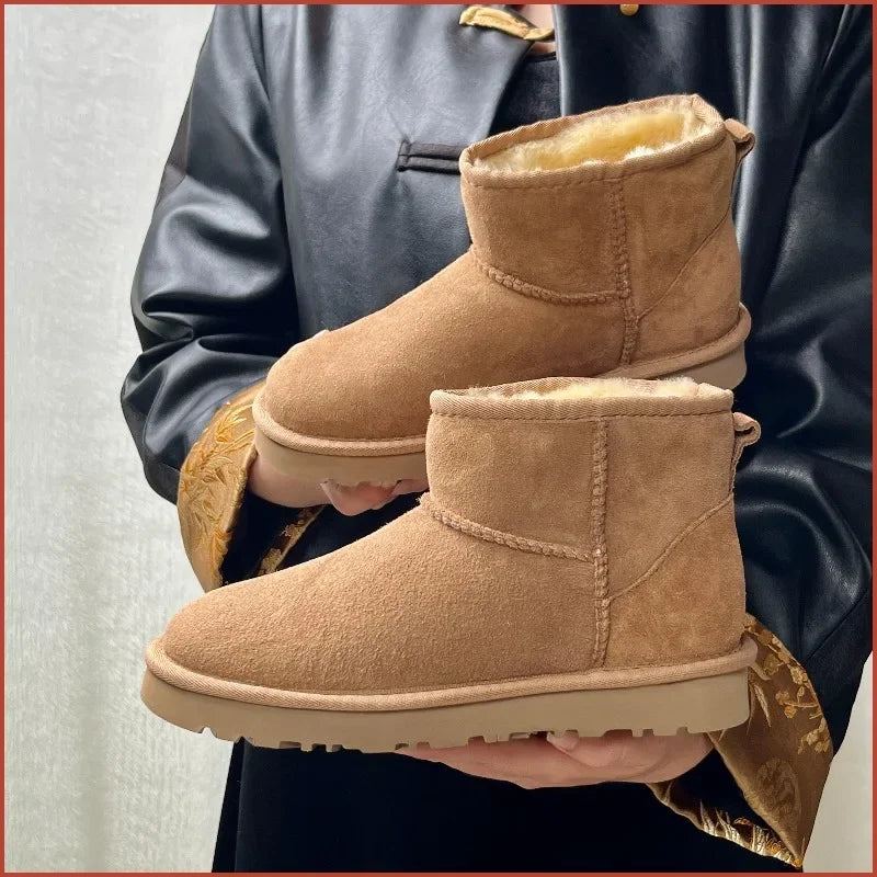 5854 men's and women's sheepskin and wool snow boots, integrated fur and leather, winter thick and warm women's boots