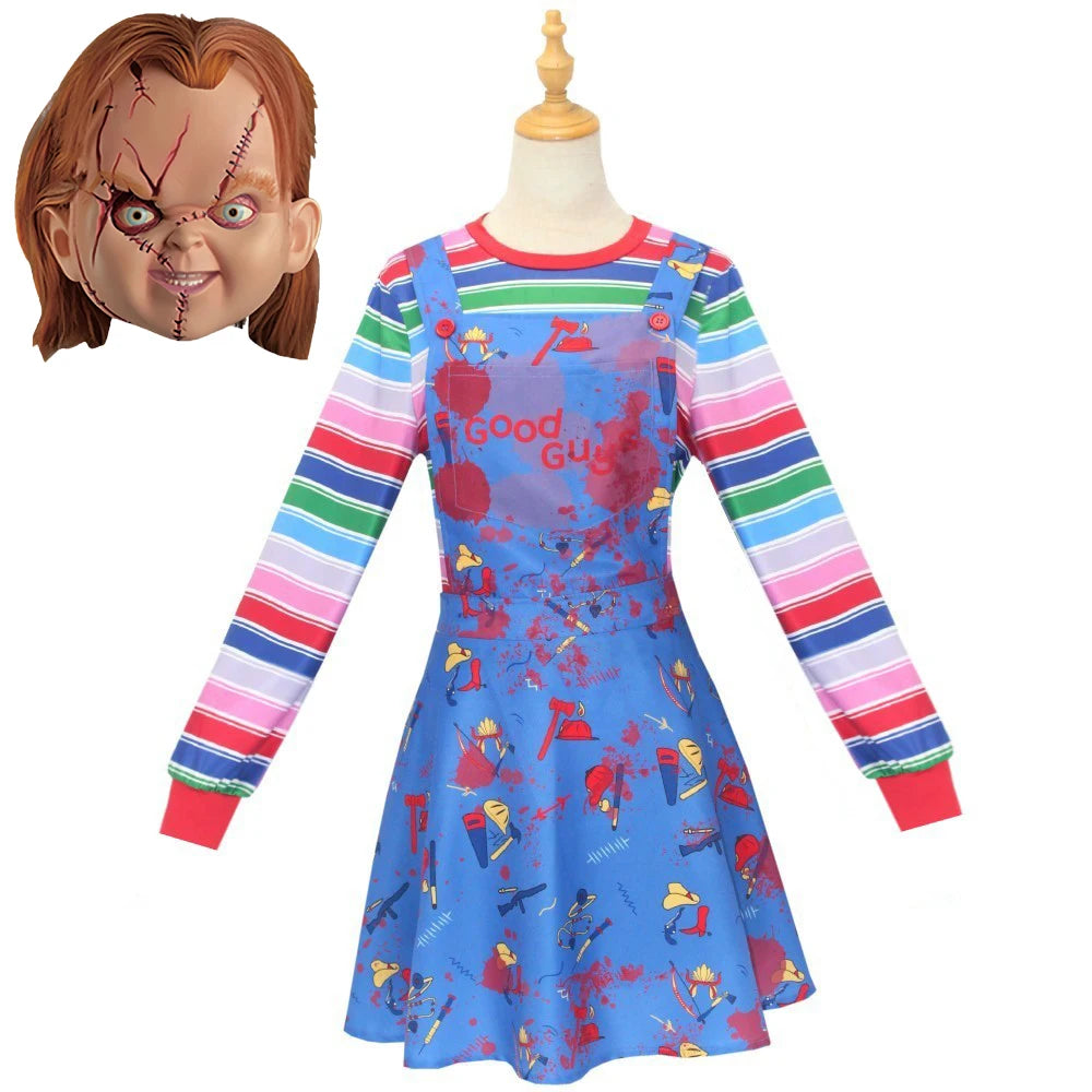 Anime Scary Chucky Cosplay Costume Horror Chucky Cosplay Mask Jumpsuits Halloween Clothing For Kids Men Women Party Costumes